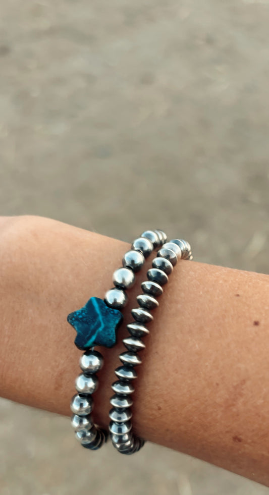 Sterling silver pearl bracelet with turqouise star