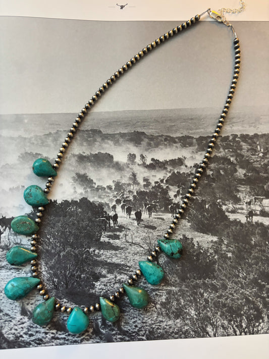 Sterling silver pearl and turqouise teardrop necklace