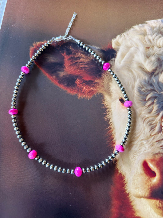 Pink opal and sterling silver pearl necklace