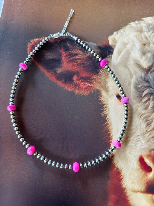 Pink opal and sterling silver pearl necklace